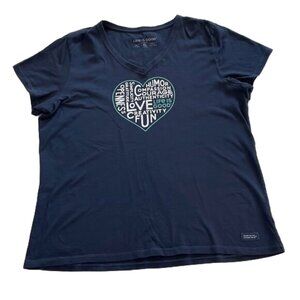 Life is Good Blue Crusher V-Neck T-Shirt, Heart, Gratitude, Love, Fun, Humor, XL